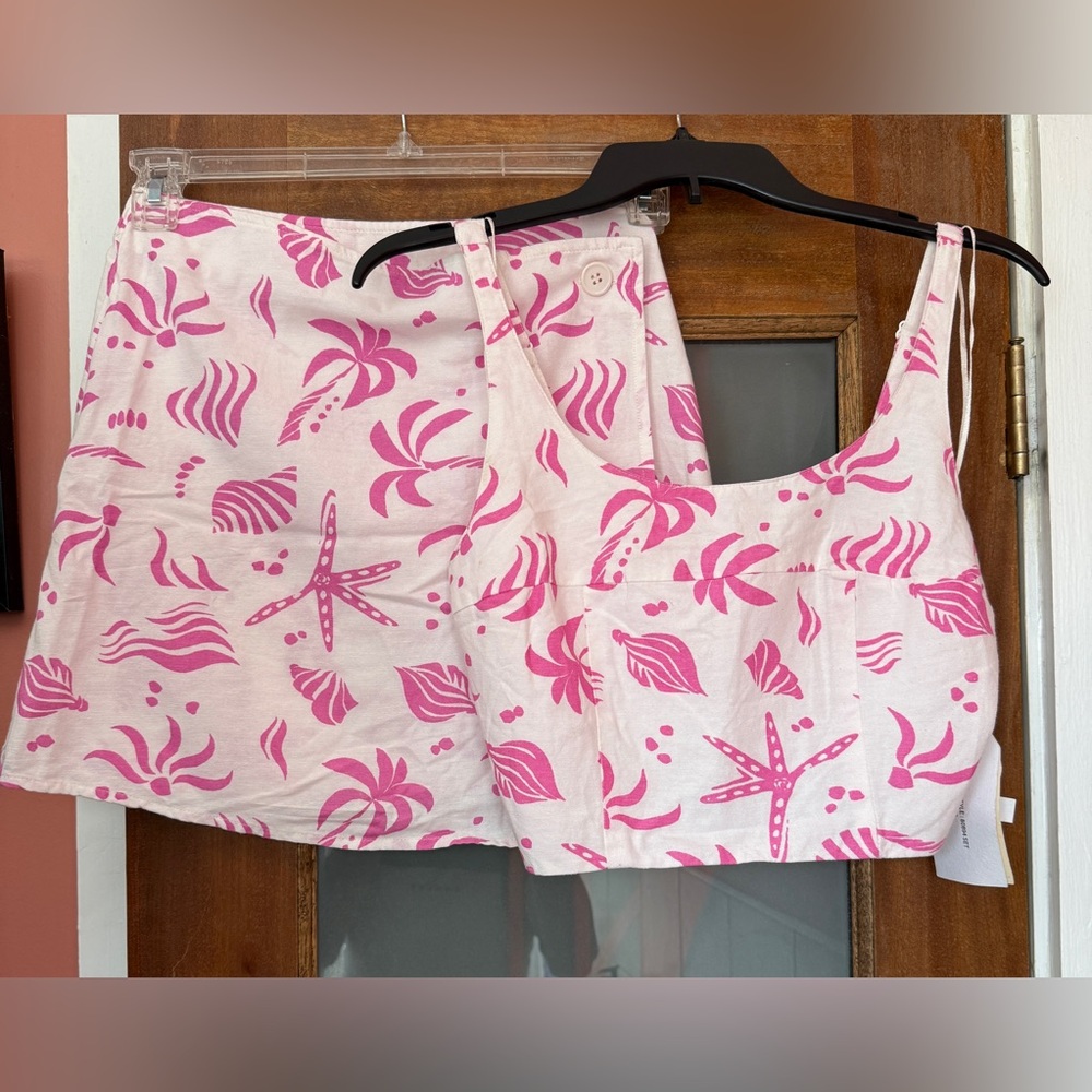 Midnight Sky 2 Pc Linen Blend White & Hot Pink Crop Top Mini Skirt Beachy Set S